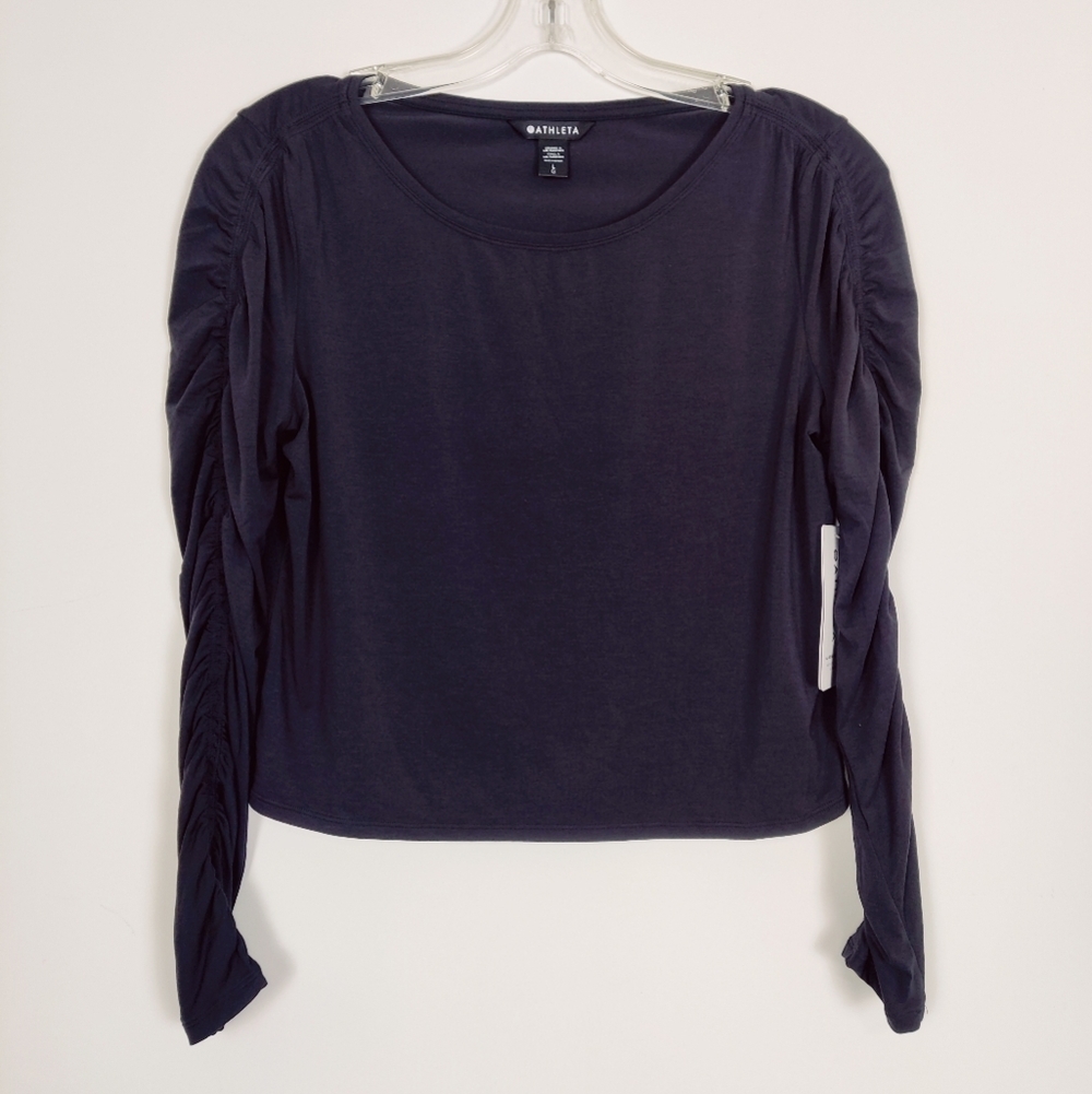 Athleta Navy Long Sleeve Ruched Sleeve Tee